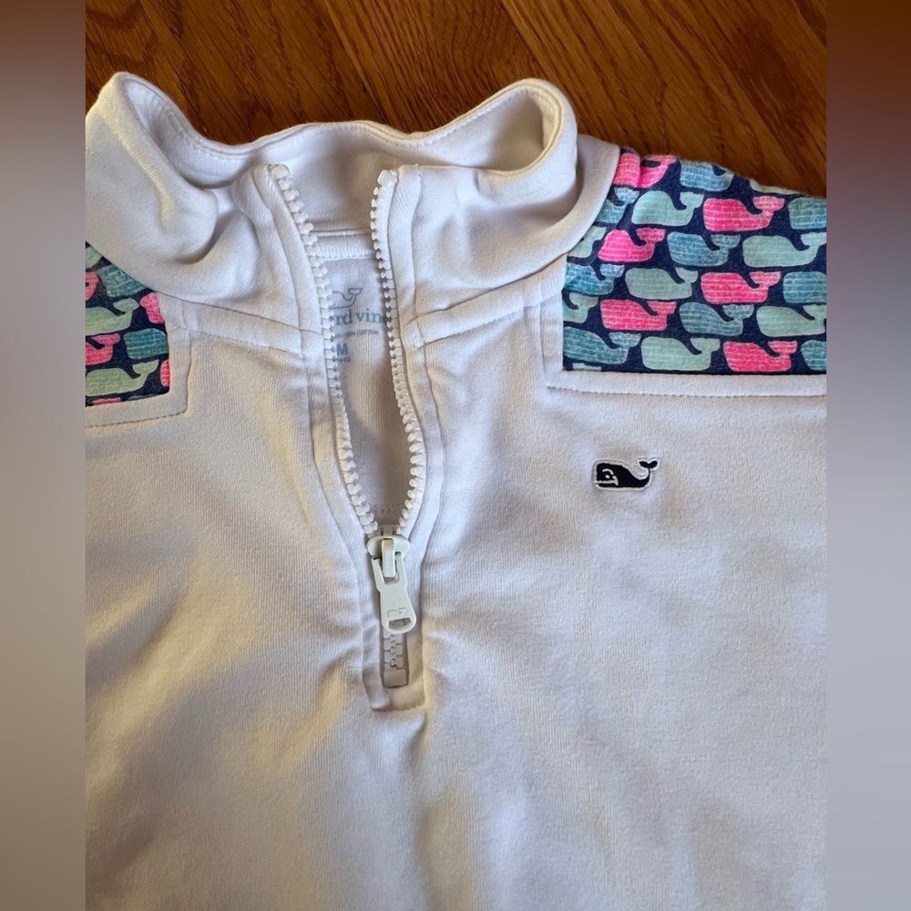 Vineyard Vines white sweatshirt with whale design on trim,  kids medium.